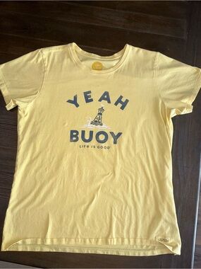 Life Is Good Yellow Tee with Navy 'Yeah Buoy' Lighthouse Graphic